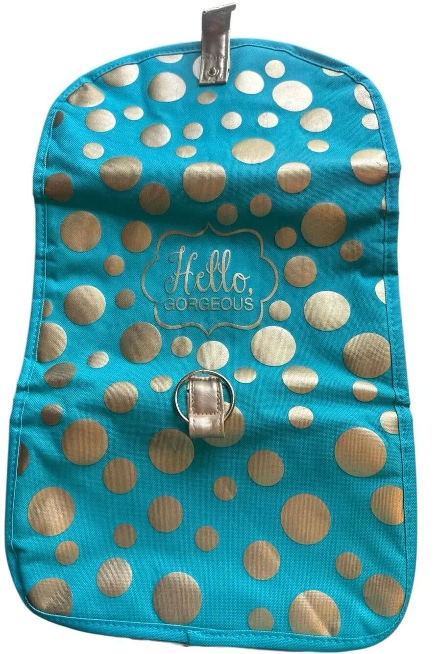 Hello Gorgeous aqua w/gold polka dot trifold makeup bag